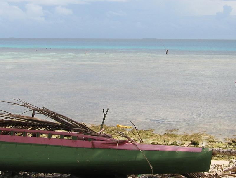 tuv20 A less global way of fishing. Tuvaluans fish from their small motor or paddle boats, or simply standing on the reef. The country also has a fleet of two professional fishing vessels, but they are idle because there is no way to export their catch.