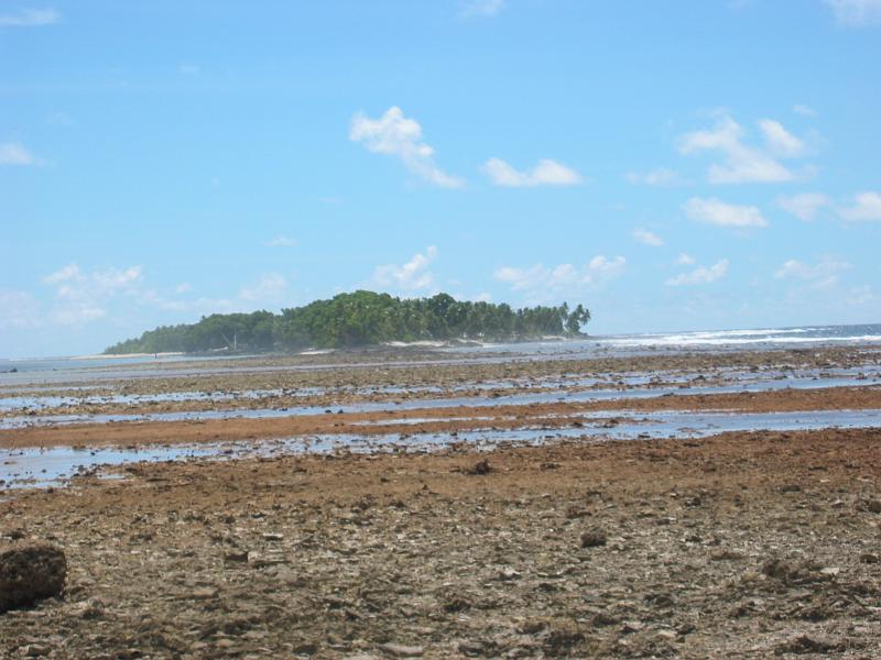 tuv25 The low-lying reef that separates the motu's, like this one at the southern end of the main atoll, emerges at low tide but is submerged again at high tide. Not very comfortable nor very safe to walk on, unless you have sturdy shoes and know well the times of tides.